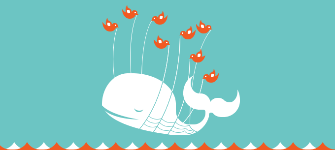 Twitter's failwhale graphic, showing eight birds lifting a whale out of some waves with a net